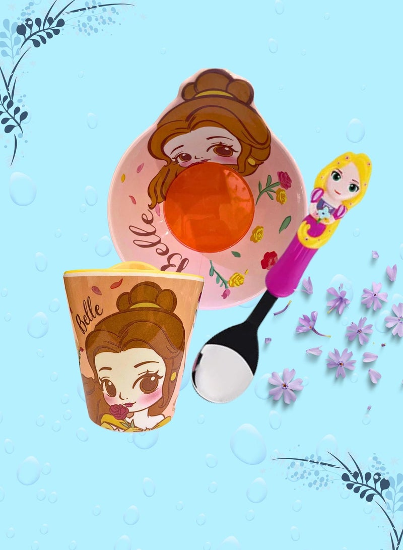 Disney Melamine Dinner Set – Lightweight, Durable Bowl, Cup & Stainless Steel Spoon Theme Princess Belle Character - Image 1