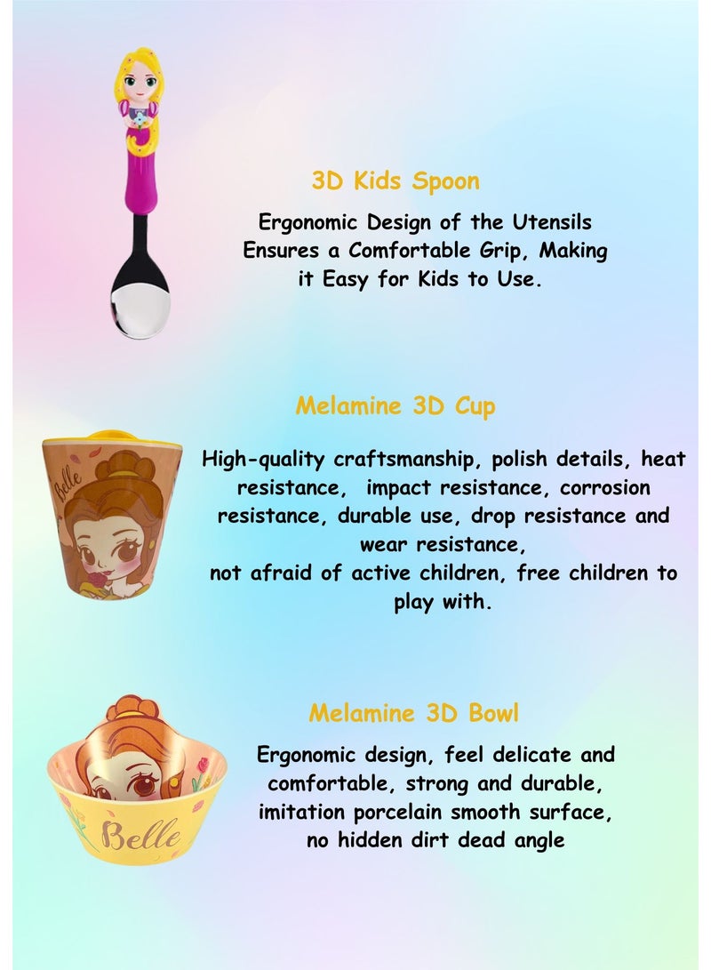 Disney Melamine Dinner Set – Lightweight, Durable Bowl, Cup & Stainless Steel Spoon Theme Princess Belle Character - Image 4