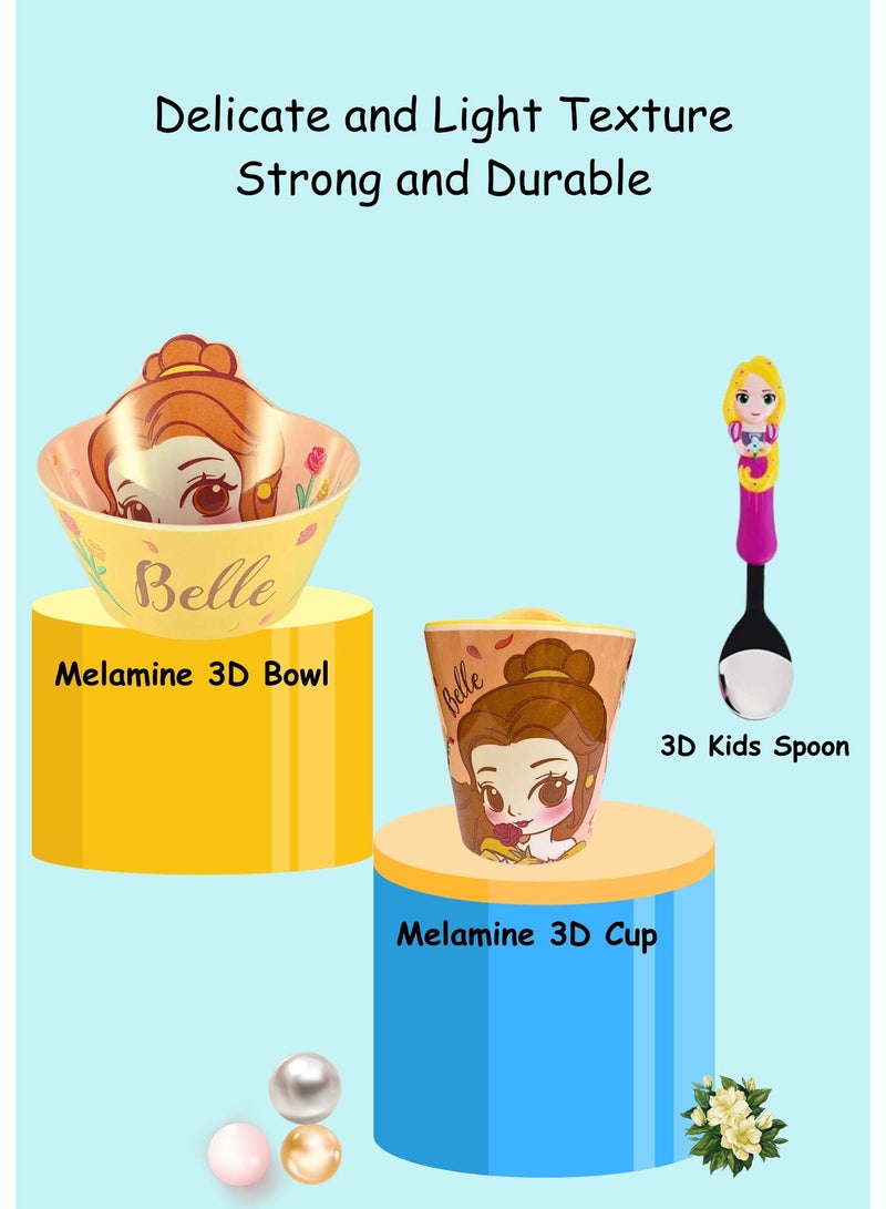 Disney Melamine Dinner Set – Lightweight, Durable Bowl, Cup & Stainless Steel Spoon Theme Princess Belle Character - Image 5