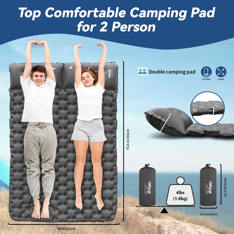 HiiPeak Double Sleeping Pad - Self Inflating 3" Extra-Thick for 2 Person with Pillow Built-in Foot Pump Inflatable Sleeping Mat for Backpacking, Hiking, Traveling, Tent, Portable Camping Mat (Gray) - Image 3