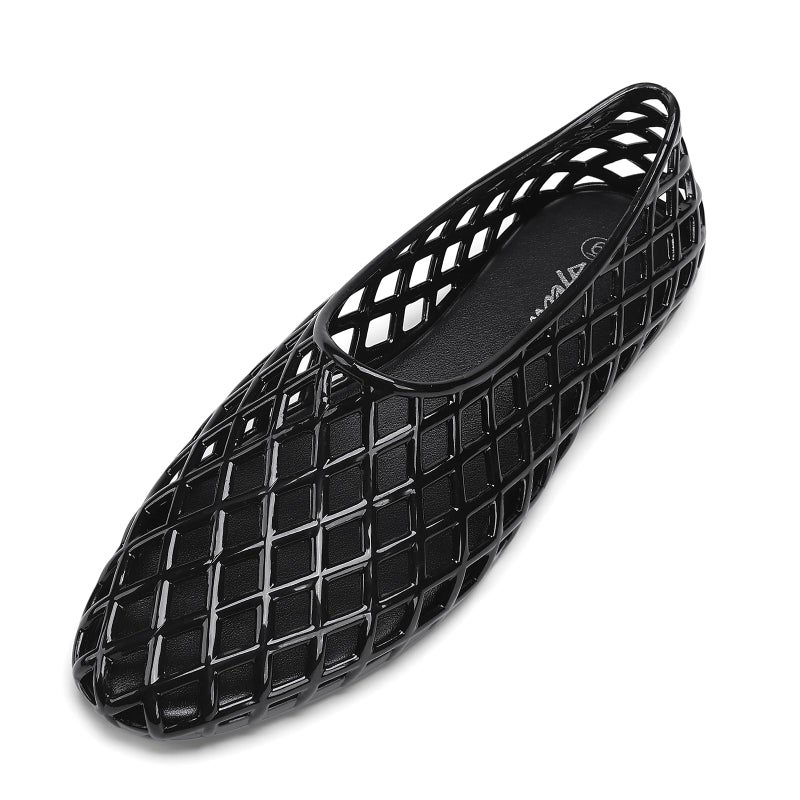 HEVA Women's Jelly Mesh Flats Breathable Clear Hollow Shoes Summer Beach Jellies Ballet Sandals(7 M US Black) - Image 2