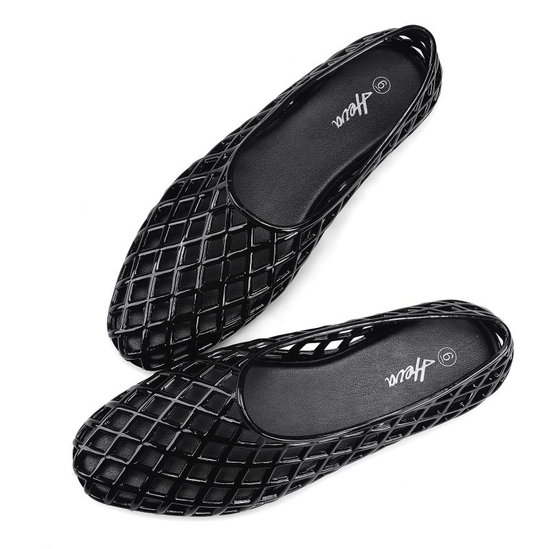 HEVA Women's Jelly Mesh Flats Breathable Clear Hollow Shoes Summer Beach Jellies Ballet Sandals(7 M US Black) - Image 5