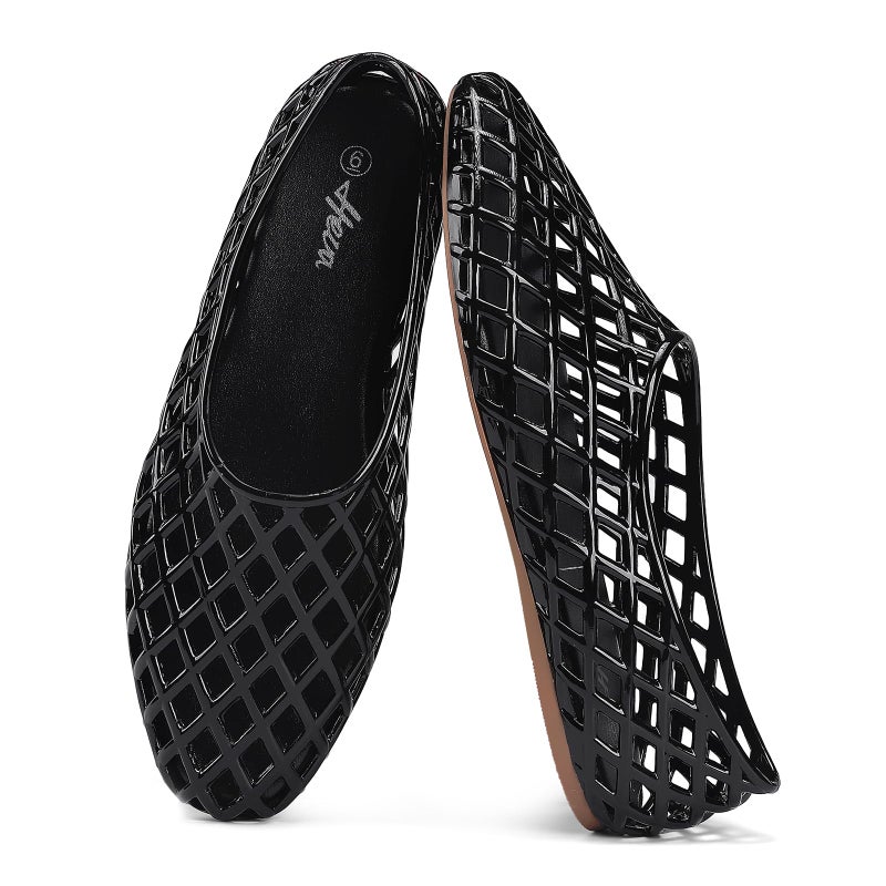 HEVA Women's Jelly Mesh Flats Breathable Clear Hollow Shoes Summer Beach Jellies Ballet Sandals(7 M US Black) - Image 1