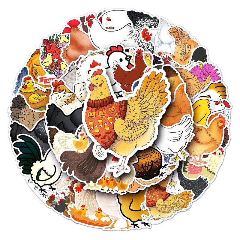 Chicken Stickers 50Pcs Hen Rooster Waterproof Vinyl Decals for Water Bottles Bicycle Laptop Refrigerator Luggage Computer Mobile Phone Skateboard Bike Dcor