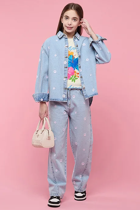 أر أند بي Embroidered Denim Shirt with Classic Collar and Long Sleeves