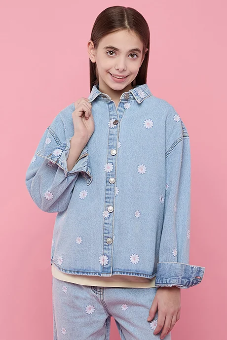 أر أند بي Embroidered Denim Shirt with Classic Collar and Long Sleeves