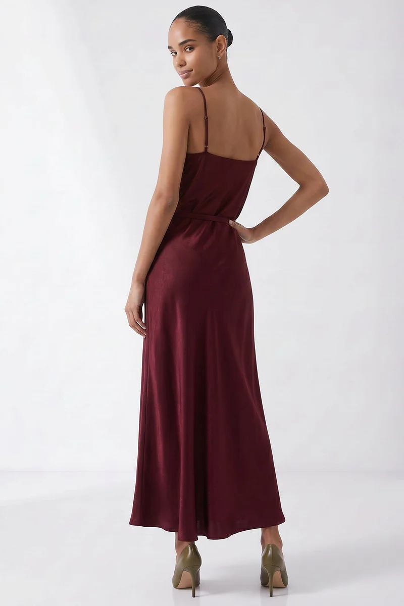 Exquise Satin Finish Lace-Up Regular Weave Midi Cherry Red Skirt