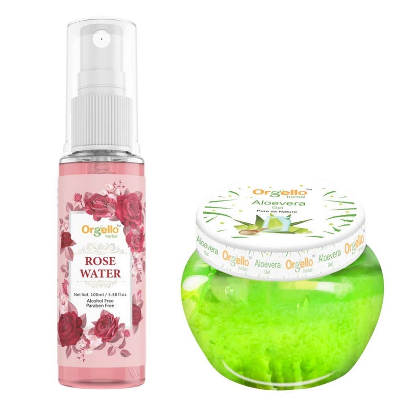 Orgello رذاذ ماء الورد العشبي أورجيلو 100 مل وعلبة جل الألوة فيرا 100 جرام عبوة من 2 للرجال والنساء والفتيات والفتيان للبشرة العادية والدهنية والجافة خالية من SLS والبارابين والزيوت المعدنية - Image 1