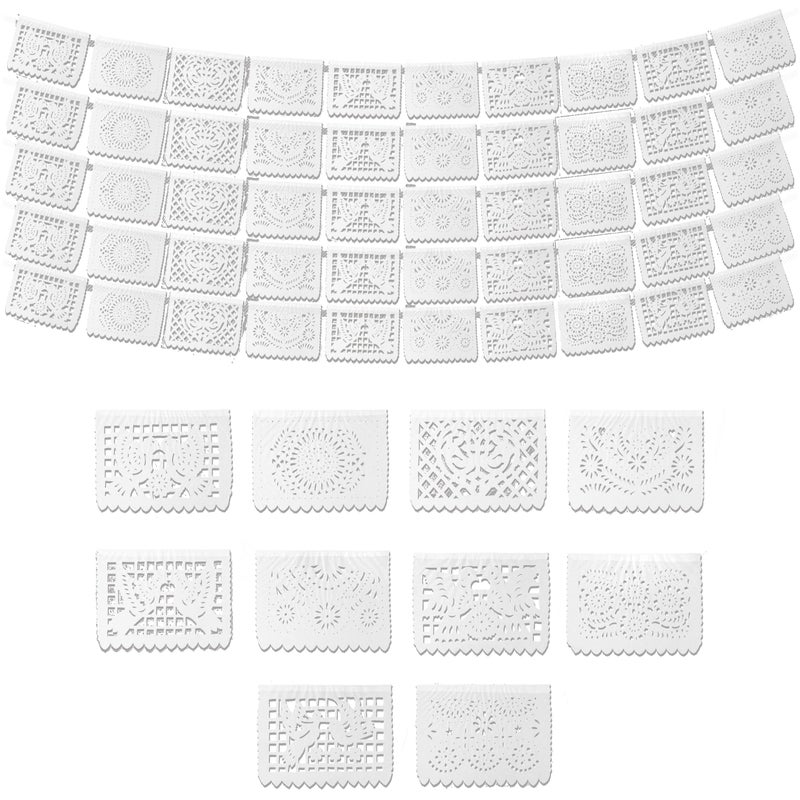 FIESTA WRAPS White Papel Picado Banner 5 Pack 10 Tissue Paper Flag Designs per BannerNot Plastic White Mexican Banners for Parties and Weddings Mexican Themed Party Decorations Papel Picado Mexicano - Image 2