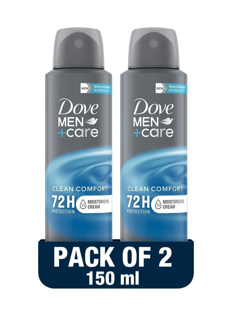 Dove Men+ Care Antiperspirant Deodorant Body Spray for Men, Clean Comfort, Vitamin E, Moisturizer & 72H Protection, 150ml x 2