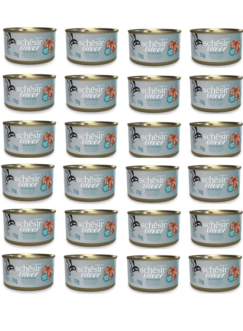 Schesir 24 Pieces Silver Senior Tuna And Mackerel in Broth Canned Cat Wet Food - 70 g - Image 1