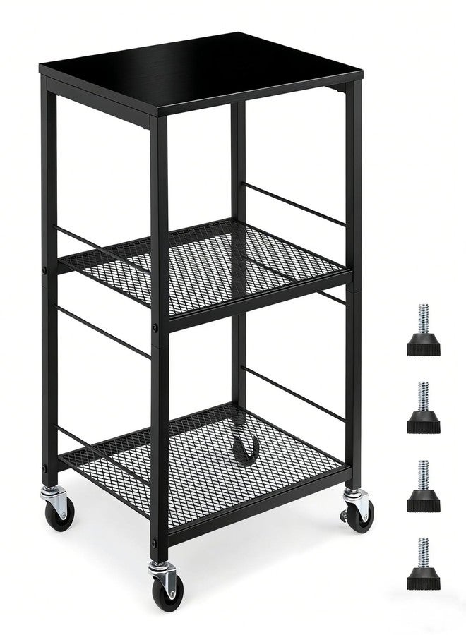 MOOACE 3 Tier End Table with Wheel, Rolling Storage Shelf Side Table Nightstand for Bedroom Kitchen Living Room Office, Stable Metal Frame and Wood Top, Black - Image 1
