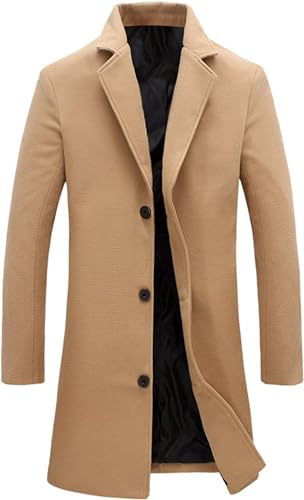 Springrain Men's Wool Blend Pea Coat Notched Collar Single Breasted Overcoat Warm Winter Trench Coat(Khaki-XXL) - Image 1