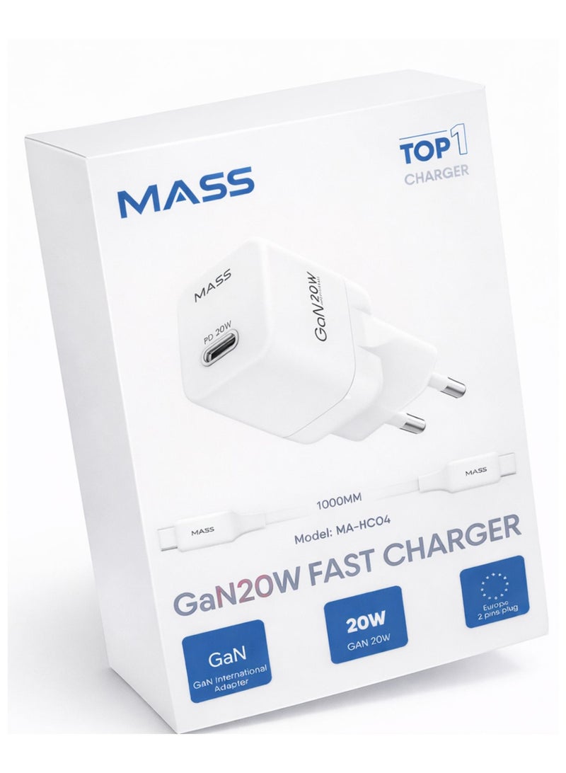 ماس شاحن Mass MA-HC04 PD 20W GAN Mini الذكي السريع للاتحاد الأوروبي مع كابل USB-C إلى USB-C، طوله متر واحد، أسود | ضمان لمدة 12 شهرًا - Image 1
