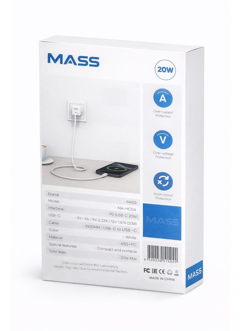 ماس شاحن Mass MA-HC04 PD 20W GAN Mini الذكي السريع للاتحاد الأوروبي مع كابل USB-C إلى USB-C، طوله متر واحد، أسود | ضمان لمدة 12 شهرًا - Image 2