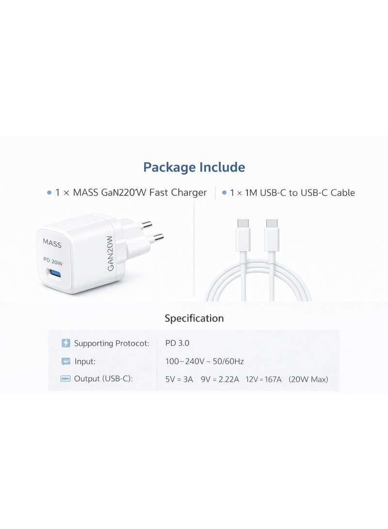 ماس شاحن Mass MA-HC04 PD 20W GAN Mini الذكي السريع للاتحاد الأوروبي مع كابل USB-C إلى USB-C، طوله متر واحد، أسود | ضمان لمدة 12 شهرًا - Image 3