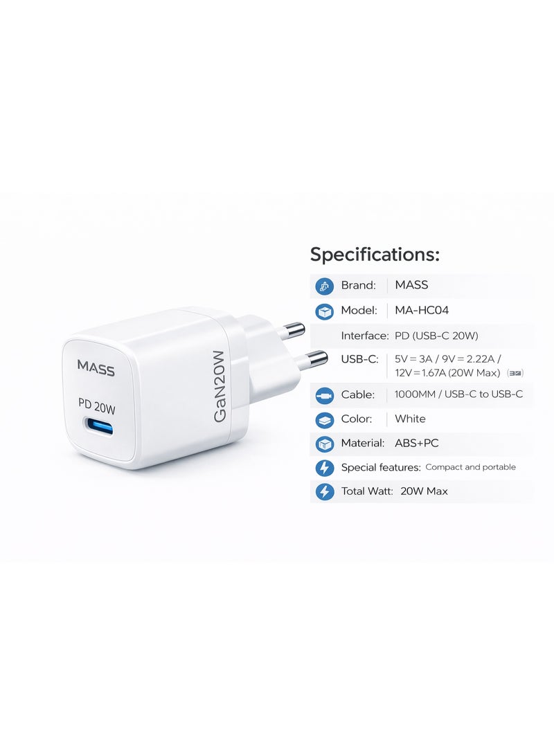 ماس شاحن Mass MA-HC04 PD 20W GAN Mini الذكي السريع للاتحاد الأوروبي مع كابل USB-C إلى USB-C، طوله متر واحد، أسود | ضمان لمدة 12 شهرًا - Image 4
