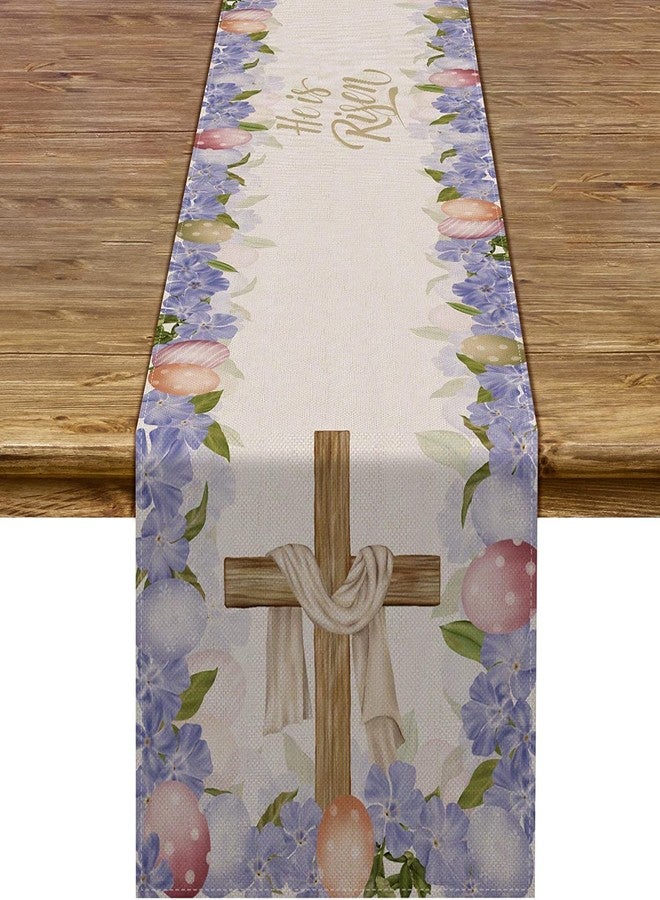 Rainlemon Linen He is Risen Table Runner Easter Egg Spring Jesus Ressurrection Cross Home Kitchen Dining Room Decoration (13" x 108") - Image 1