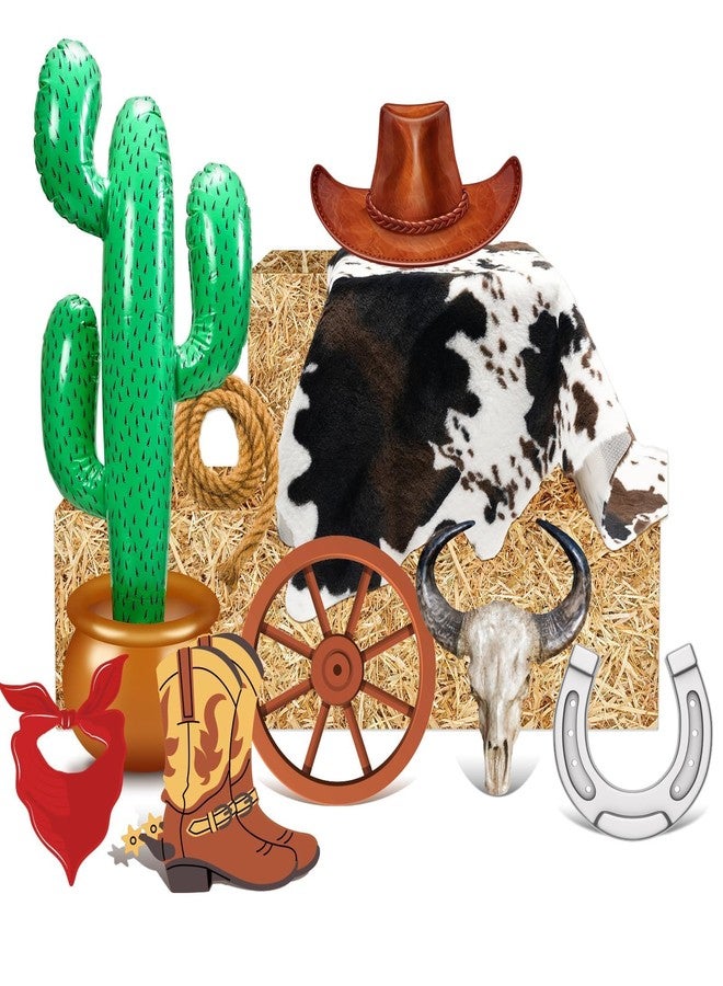 Sel Natural 13 Pcs Western Cowboy Party Supplies Decoration Hay Bales, Straw Boxes, Rug, Cactus Inflatable Cowboy Card Hat, Horseshoe for Birthday, Wedding, Western Theme Party (Classic, Earthy Yellow) - Image 1