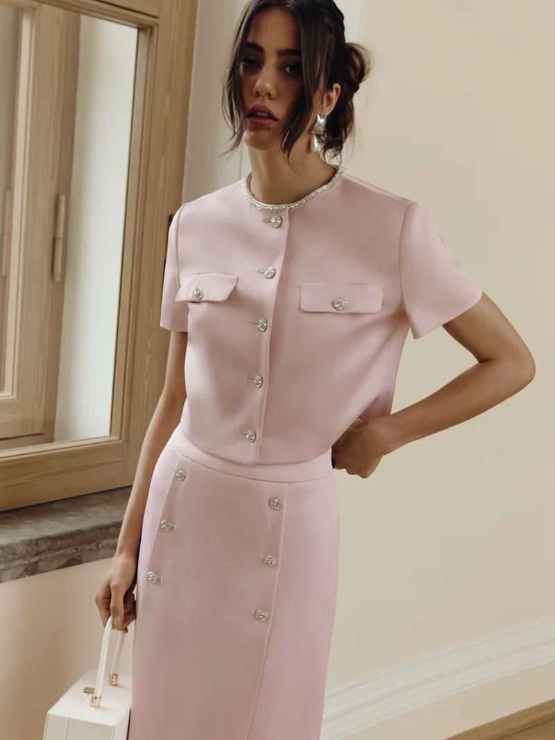 Lichi Short sleeved jacket with rhinestone buttons