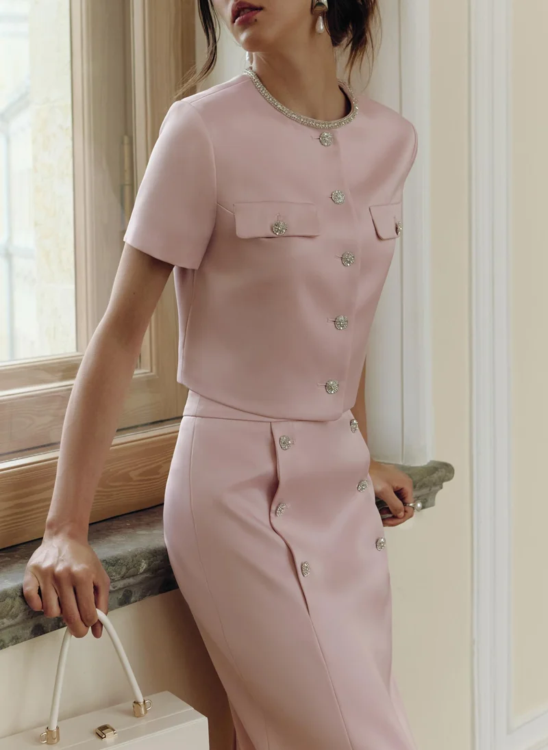 Short sleeved jacket with rhinestone buttons