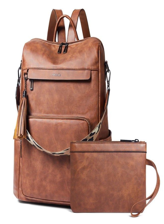 Shrrie Vegan Leather Laptop Backpack for Women 14 inch Work Backpack Fashion Travel Backpack Purse for Business College, Nubuck Brown 2, 15 x 7 x 15 inches, Modern - Image 1
