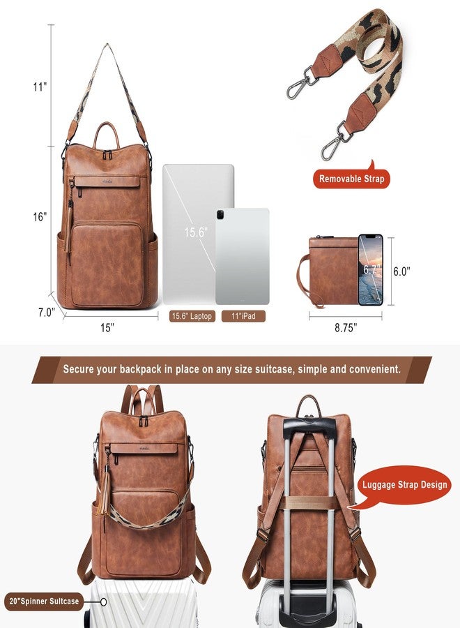 Shrrie Vegan Leather Laptop Backpack for Women 14 inch Work Backpack Fashion Travel Backpack Purse for Business College, Nubuck Brown 2, 15 x 7 x 15 inches, Modern - Image 4