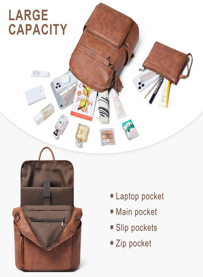Shrrie Vegan Leather Laptop Backpack for Women 14 inch Work Backpack Fashion Travel Backpack Purse for Business College, Nubuck Brown 2, 15 x 7 x 15 inches, Modern - Image 3