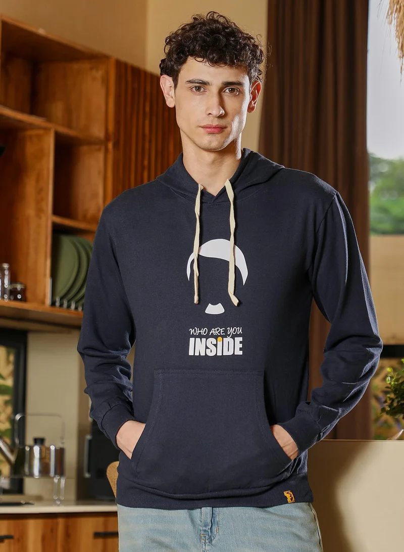 Campus Sutra Men's Who-Are-You Pullover Hoodie | Hooded Neck , Long Ribbed Cuff Sleeves , Pull On Closure , Ribbed-Straight Hem | Graphic Print Knitted Plain For Casual & Daily | Navy Blue