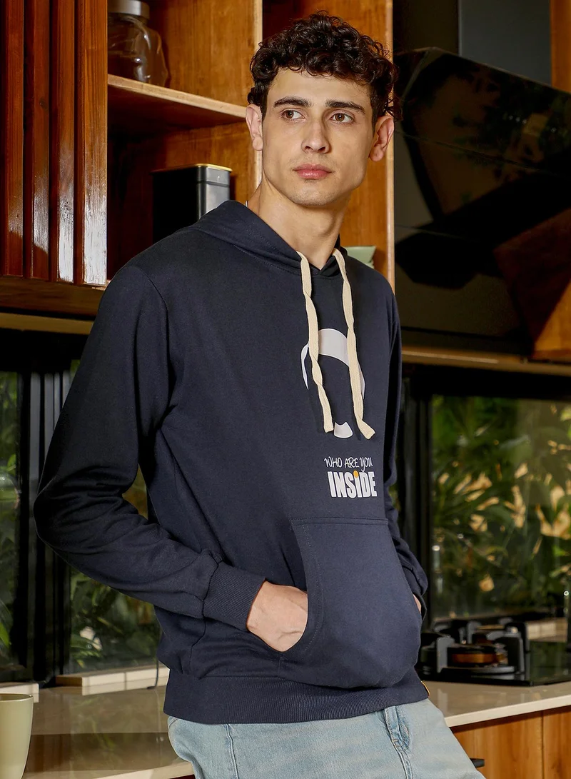 Campus Sutra Men's Who-Are-You Pullover Hoodie | Hooded Neck , Long Ribbed Cuff Sleeves , Pull On Closure , Ribbed-Straight Hem | Graphic Print Knitted Plain For Casual & Daily | Navy Blue