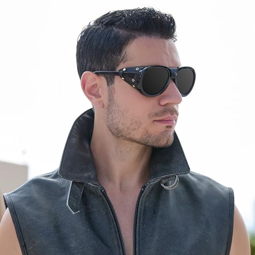 MACJERO Retro Aviator Steampunk Polarized Sunglasses with Leather Side Shield Vintage Goggles Gothic Eyewear for Men Women(Black) - Image 2