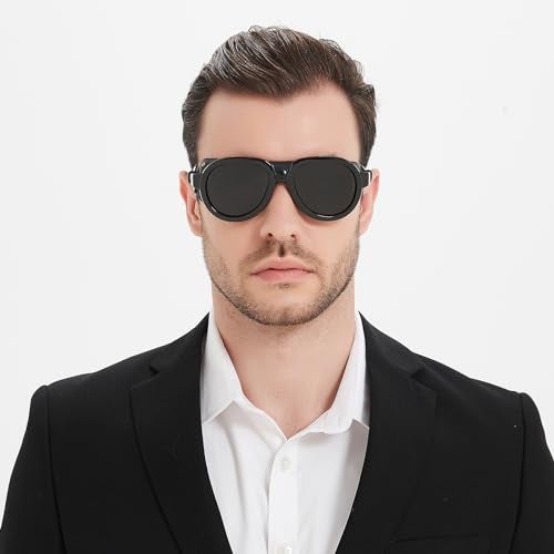 MACJERO Retro Aviator Steampunk Polarized Sunglasses with Leather Side Shield Vintage Goggles Gothic Eyewear for Men Women(Black) - Image 3