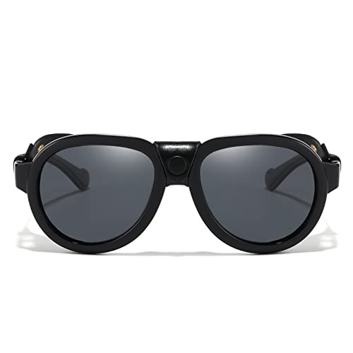 MACJERO Retro Aviator Steampunk Polarized Sunglasses with Leather Side Shield Vintage Goggles Gothic Eyewear for Men Women(Black) - Image 4