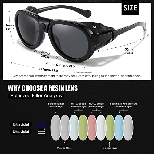 MACJERO Retro Aviator Steampunk Polarized Sunglasses with Leather Side Shield Vintage Goggles Gothic Eyewear for Men Women(Black) - Image 5