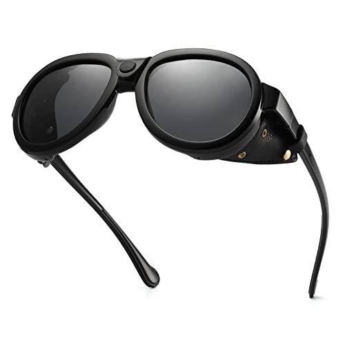 MACJERO Retro Aviator Steampunk Polarized Sunglasses with Leather Side Shield Vintage Goggles Gothic Eyewear for Men Women(Black) - Image 1