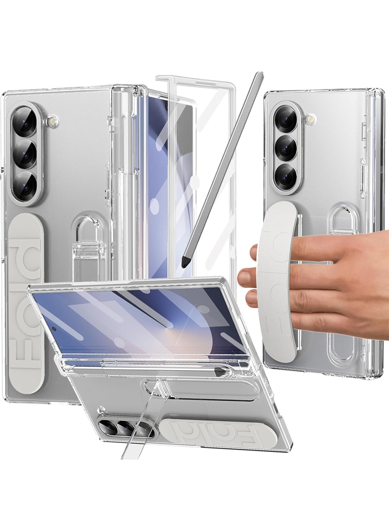 Aookay for Samsung Galaxy Z Fold 7 Case with Pen Holder & Slim Stylus, Kickstand Case with Hand Strap & Hinge Protection Screen Protector Raised Edge Protection Cover Case for Z Fold 7 (Clear)