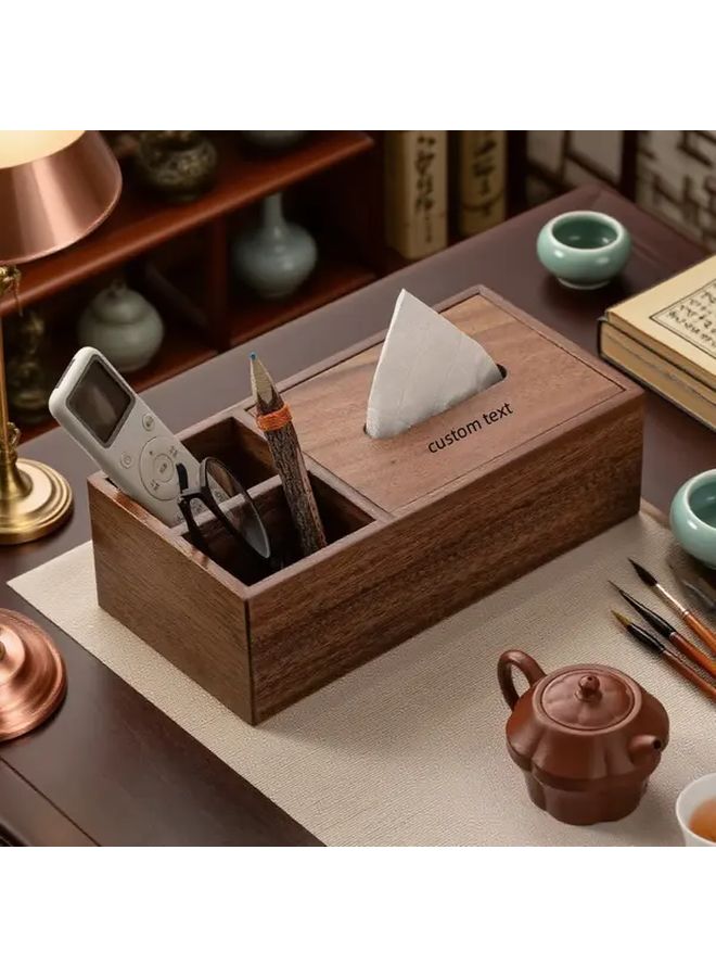 صندوق الأنسجة متعدد الوظائف من الخشب الصلب مقاس 10.43 × 4.92 × 3.94 بوصة مع غطاء قابل للتخصيص - Image 1
