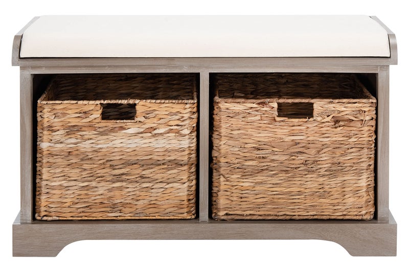 Safavieh SAFAVIEH Home Collection Freddy White Wash Wicker Basket 2Drawer Storage Bench with Cushion Fully Assembled 