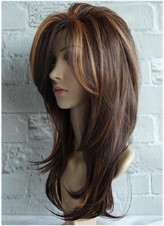 wigbuy باروكة شعر صناعي متعدد الألوان بطبقات طويلة بطول الكتفين، بني مع لون بني جمل، باروكة شعر صناعي متعدد الألوان للنساء ذوات البشرة البيضاء (بني مع بني جمل)  - Image 1