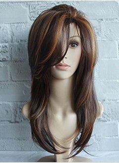 wigbuy باروكة شعر صناعي متعدد الألوان بطبقات طويلة بطول الكتفين، بني مع لون بني جمل، باروكة شعر صناعي متعدد الألوان للنساء ذوات البشرة البيضاء (بني مع بني جمل)  - Image 3