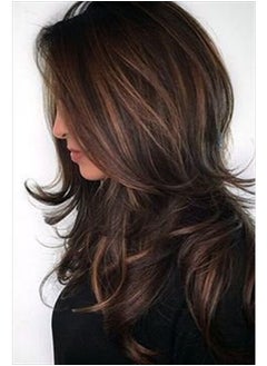 wigbuy باروكة شعر صناعي متعدد الألوان بطبقات طويلة بطول الكتفين، بني مع لون بني جمل، باروكة شعر صناعي متعدد الألوان للنساء ذوات البشرة البيضاء (بني مع بني جمل)  - Image 4