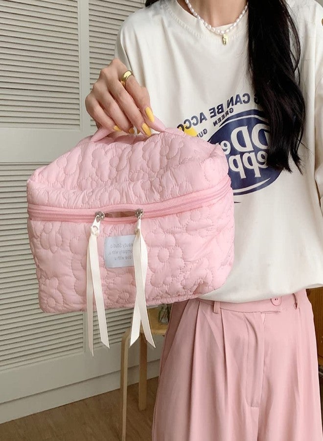 LOZOX Makeup Bag For Travel Cosmetic Bag Cute Nylon Toiletry Bag Puffy Quilted Flower Organizer Bag Large Capacity Handheld Portable Storage Zipper For Women Toiletry Vanity Bag (Pink), 17 Cm - Image 3
