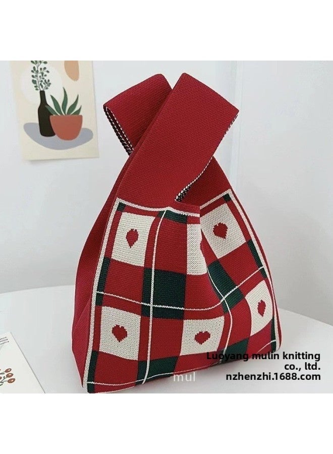 Year Red Festive Accompanying Ceremony Knitted Bag Women's Auspicious Ruyi Handbag Vacant Bag All-match Persimmon Tote Bag-Color:Red Love Grid-Size:20*36 - Image 1