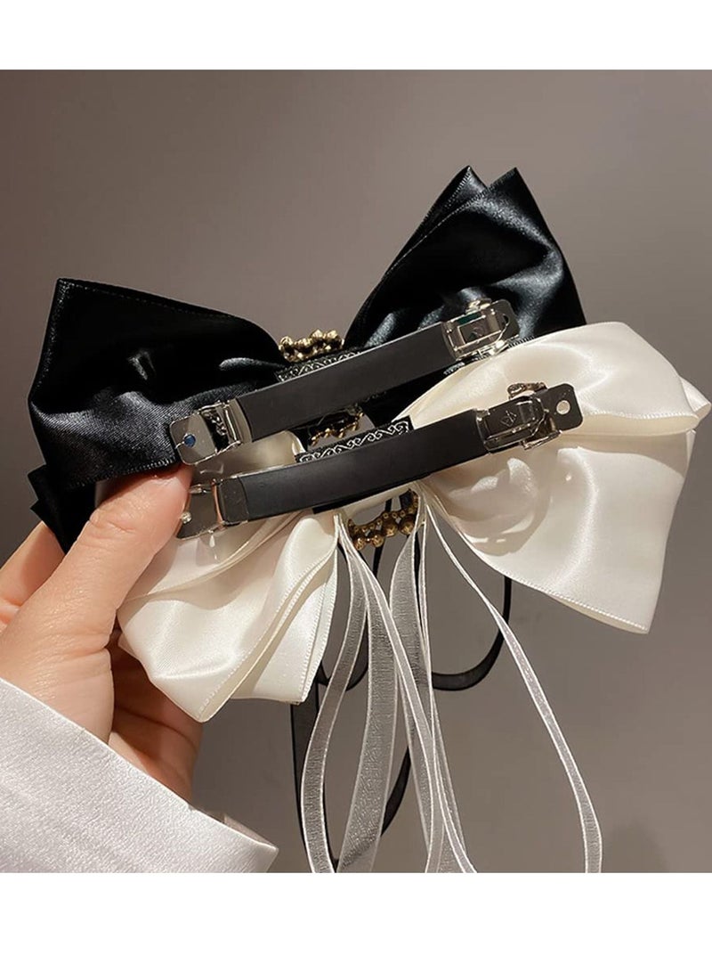 Suntown مشبك شعر على شكل فيونكة كبيرة من حجر الراين، مشبك شعر قوي على شكل عقدة على شكل فيونكة، شريط طويل، فيونكة شعر كلاسيكية، إكسسوارات شعر للنساء والفتيات - أبيض وأسود - - Image 4