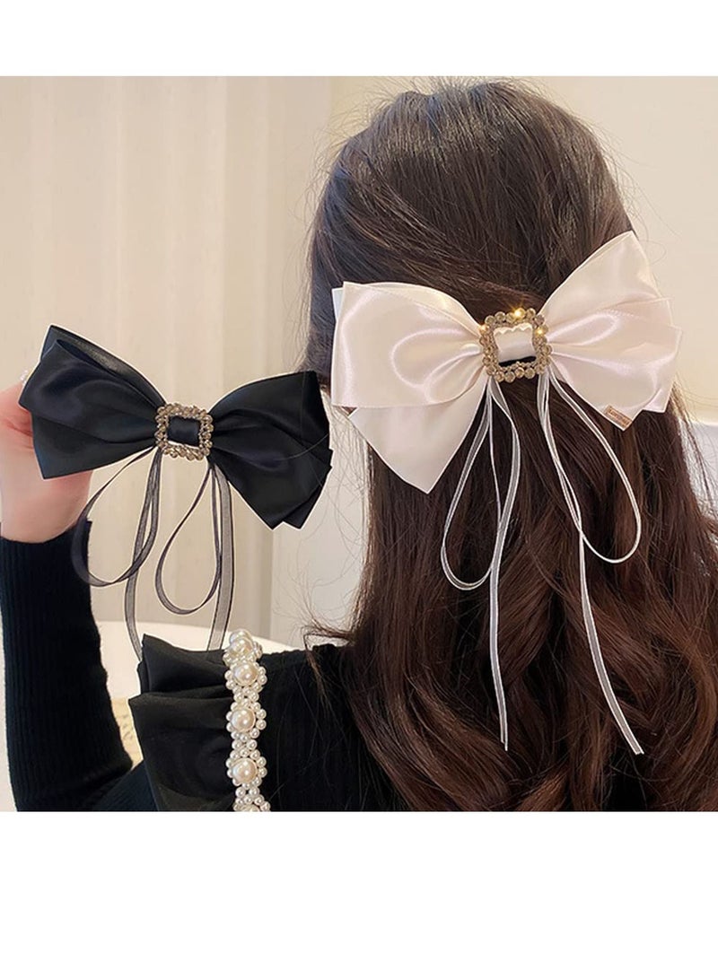 Suntown مشبك شعر على شكل فيونكة كبيرة من حجر الراين، مشبك شعر قوي على شكل عقدة على شكل فيونكة، شريط طويل، فيونكة شعر كلاسيكية، إكسسوارات شعر للنساء والفتيات - أبيض وأسود - - Image 1