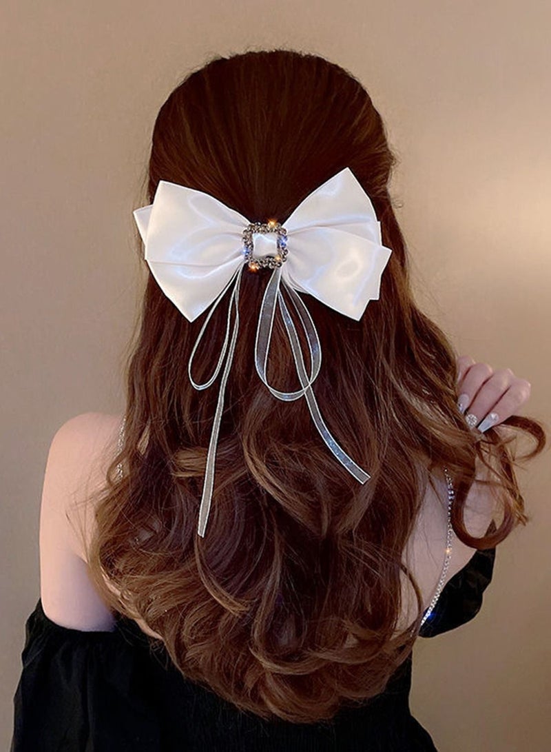 Suntown مشبك شعر على شكل فيونكة كبيرة من حجر الراين، مشبك شعر قوي على شكل عقدة على شكل فيونكة، شريط طويل، فيونكة شعر كلاسيكية، إكسسوارات شعر للنساء والفتيات - أبيض وأسود - - Image 3