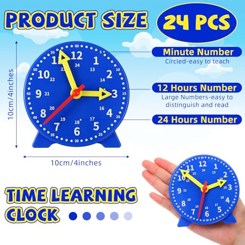 Batiyeer 24 Pcs Teaching Clock Kit for Kids to Tell Time Teaching Mini Geared Clock for Kids Basic Math Development Teacher and Classroom Supplies 4 Inch Dark Blue - Image 3