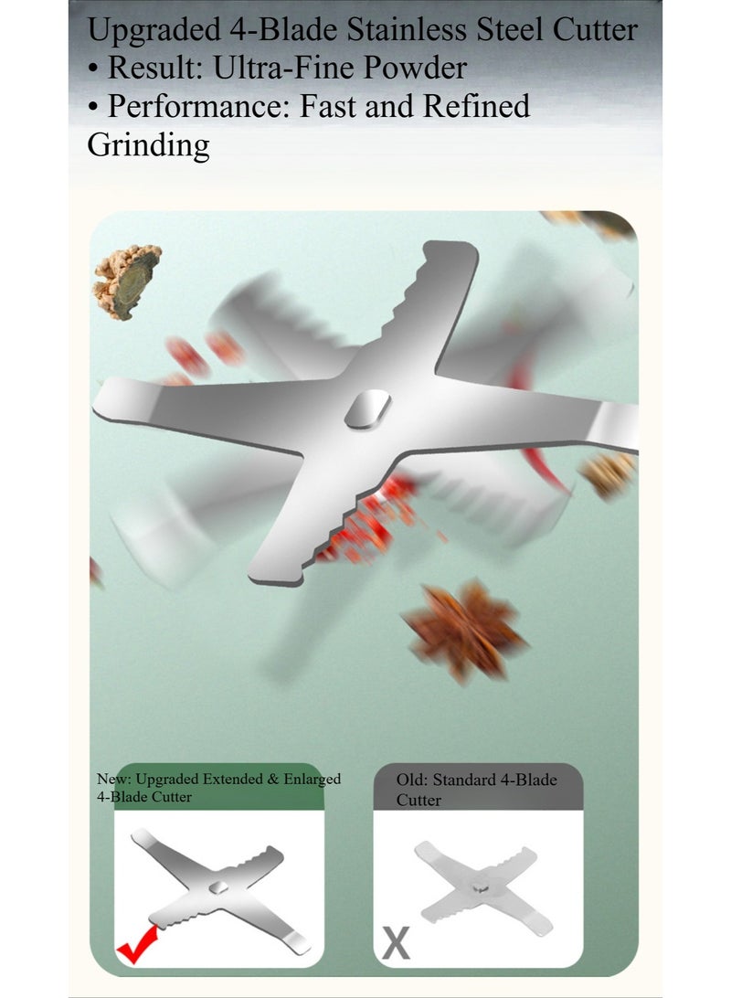 مطحنة كهربائية من الفولاذ المقاوم للصدأ - طاحونة طعام جاف عالية السرعة لحبوب القهوة، الحبوب، البهارات، الأعشاب والطب الصيني، مزودة بوظيفة النبض بنقرة واحدة وأربعة شفرات - Image 2