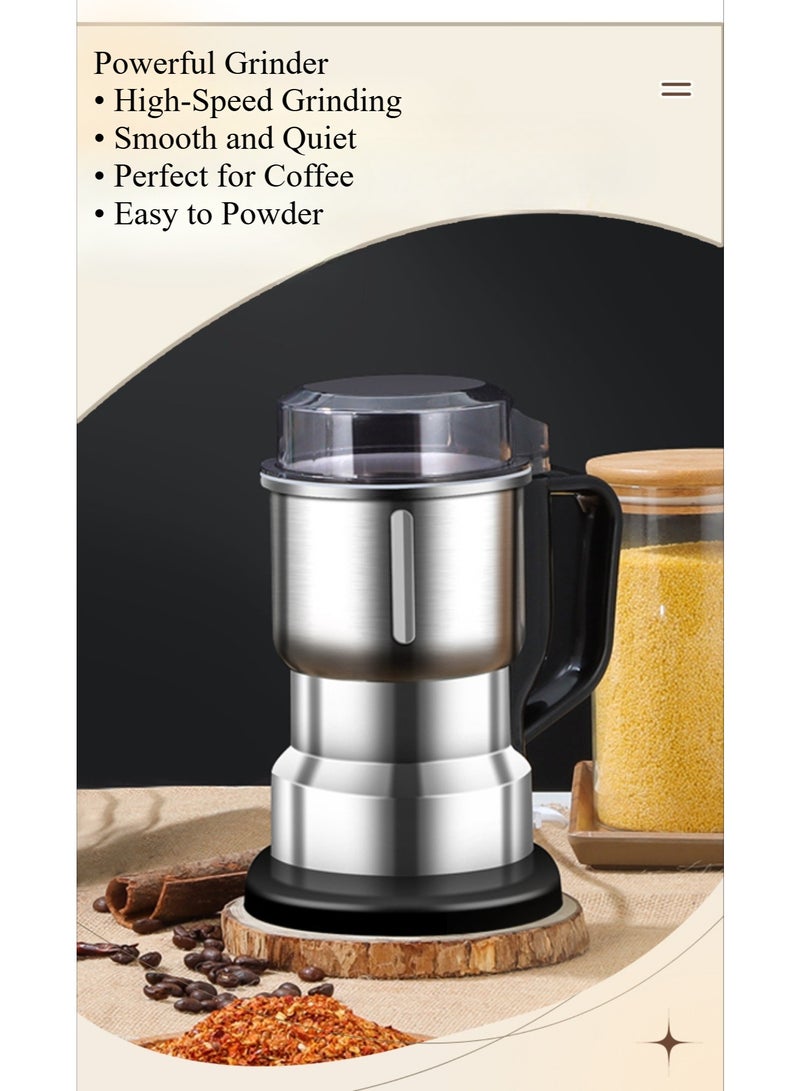 مطحنة كهربائية من الفولاذ المقاوم للصدأ - طاحونة طعام جاف عالية السرعة لحبوب القهوة، الحبوب، البهارات، الأعشاب والطب الصيني، مزودة بوظيفة النبض بنقرة واحدة وأربعة شفرات - Image 1
