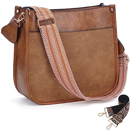 HKCLUF Crossbody Bags for Women Trendy Vegan Leather Hobo Handbags With 2PCS Adjustable Guitar Strap Crossbody Shoulder Bag Purse For Women(Stitching Brown) - Image 1